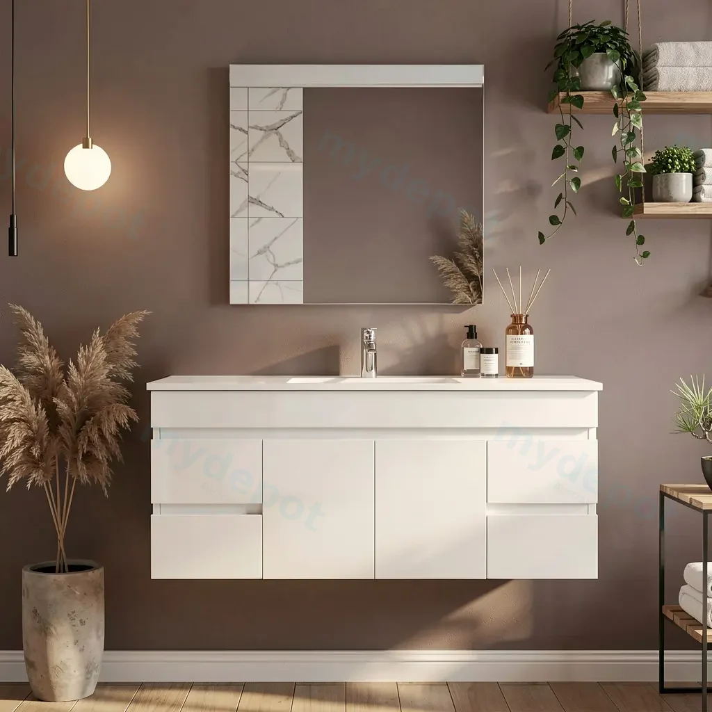   1200mm Gloss White MDF 2 Middle Doors 4 Side Drawers Wall Hung Bathroom Vanity Cabinet Only
