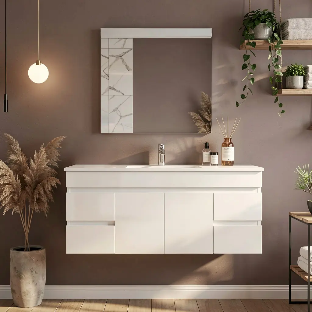 1200mm Gloss White MDF 2 Middle Doors 4 Side Drawers Wall Hung Bathroom Vanity Cabinet Only