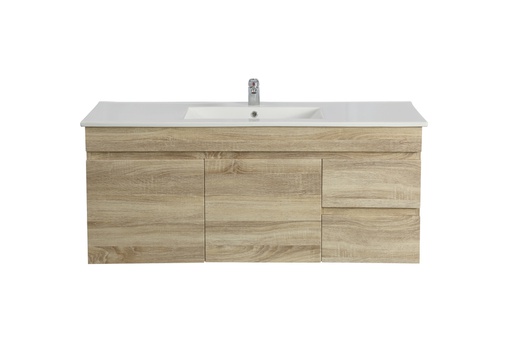 1200mm White Oak MDF Wall Hung Bathroom Vanity Cabinet Only Right Drawer PVC Vacuum Filmed