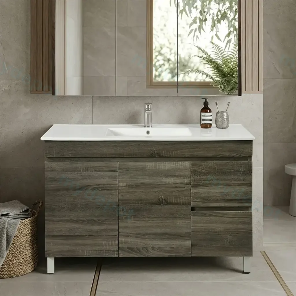1200mm Dark Grey MDF Freestanding Bathroom Vanity Cabinet Only Right Drawer PVC Vacuum Filmed