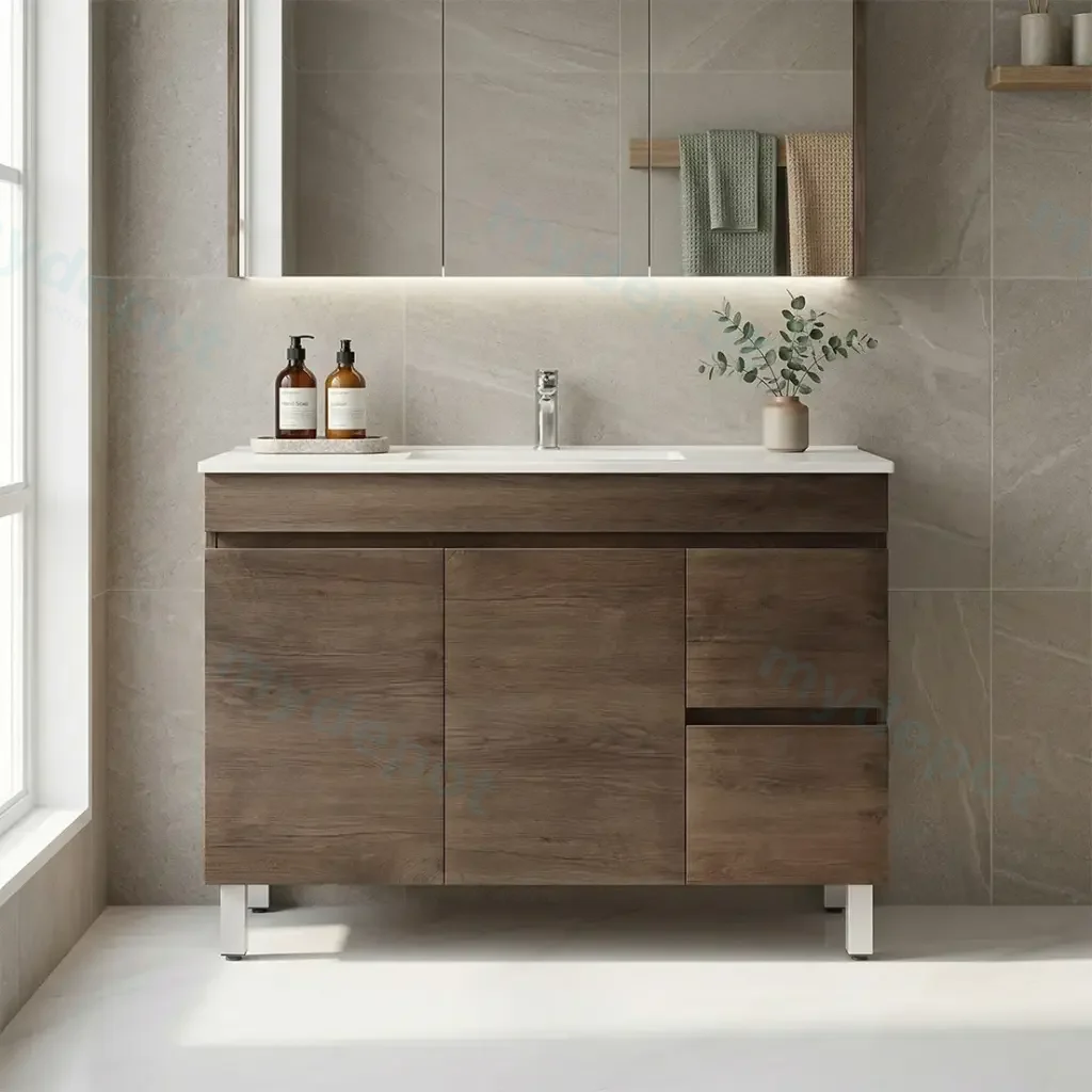 1200mm Dark Oak MDF Freestanding Bathroom Vanity Cabinet Only Right Drawer PVC Vacuum Filmed