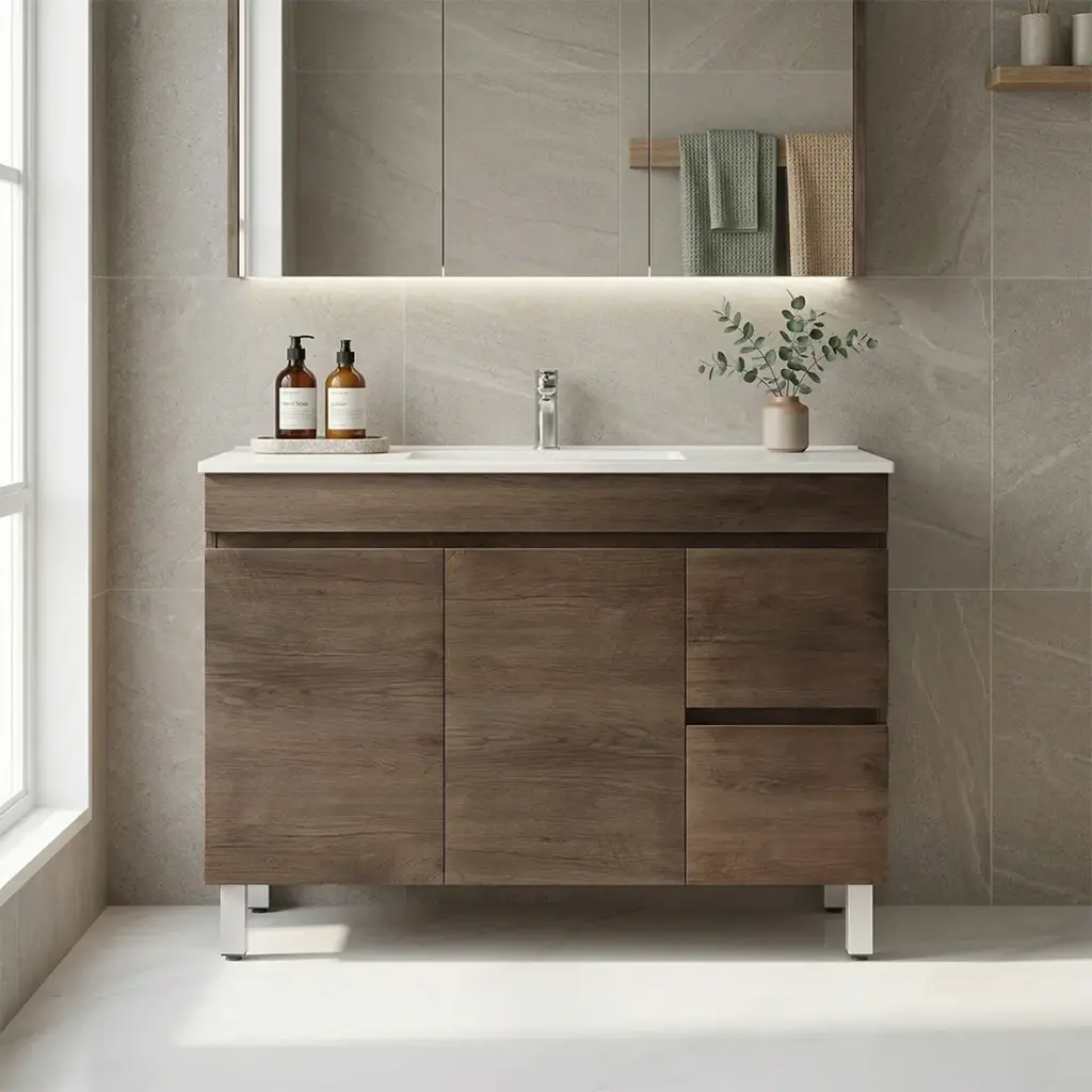 [93131/B124RL-DO] 1200mm Dark Oak MDF Freestanding Bathroom Vanity Cabinet Only Right Drawer PVC Vacuum Filmed