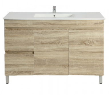 1200mm White Oak MDF Freestanding Bathroom Vanity Cabinet Only Left Drawer PVC Vacuum Filmed