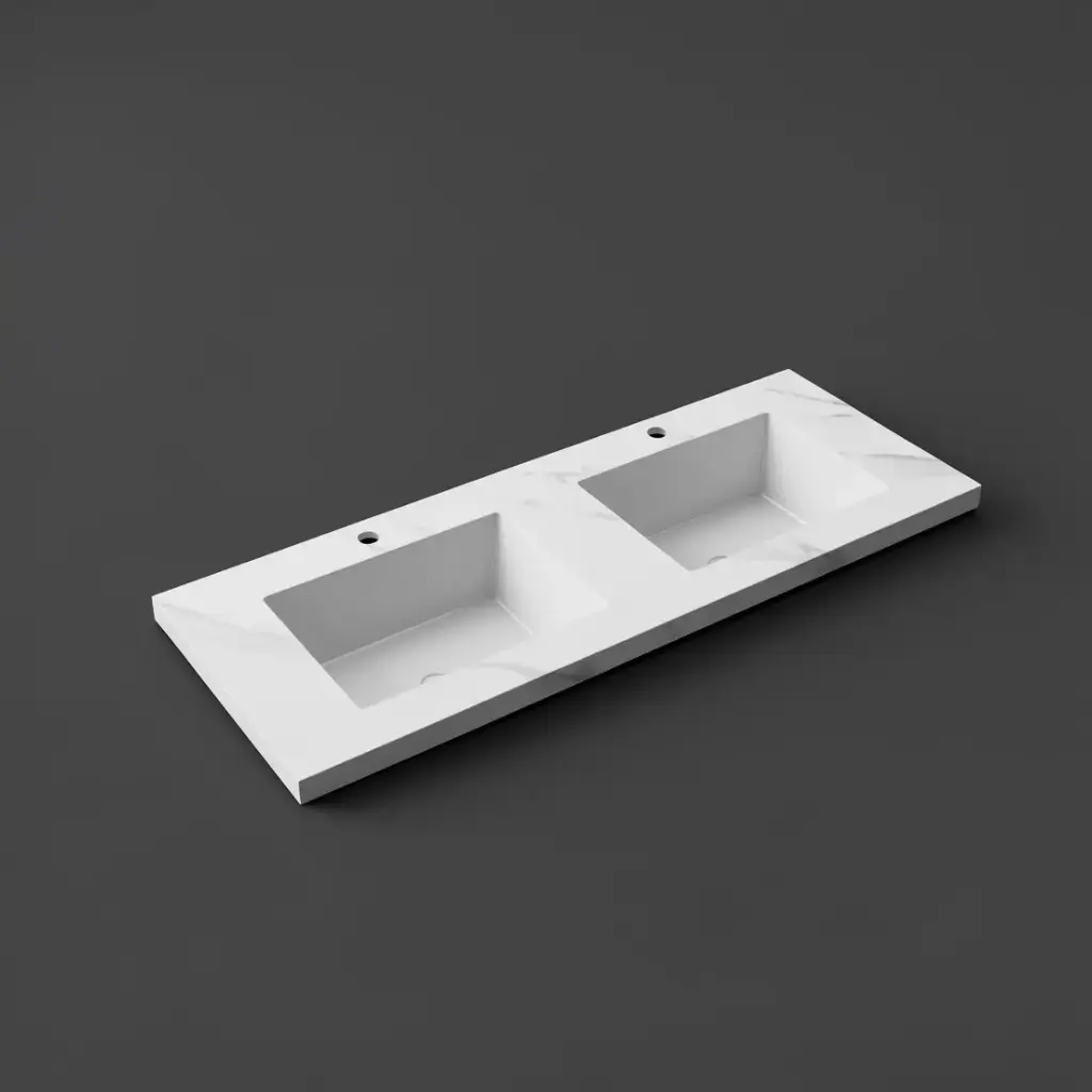 [56764] 1200x460x190mm Carrara White Sintered Stone Seamlessjoined With Fine Ceramic Basin Double Bowl