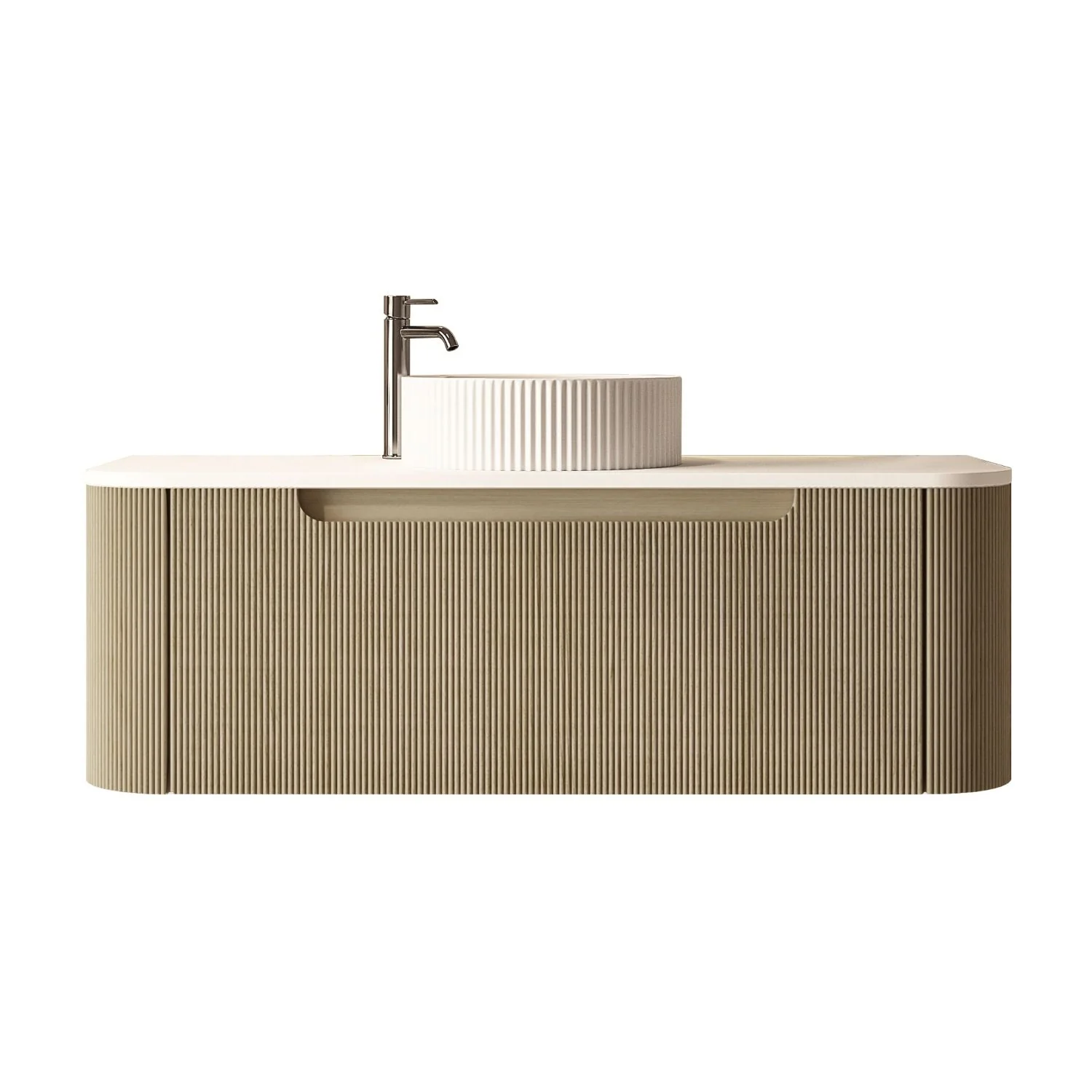 [50771] 1200x460x400mm Rome Bur Oak Round Edge Grooved Wall Hung MDF Vanity With White Quartz Stone Top One Soft Closing Drawer