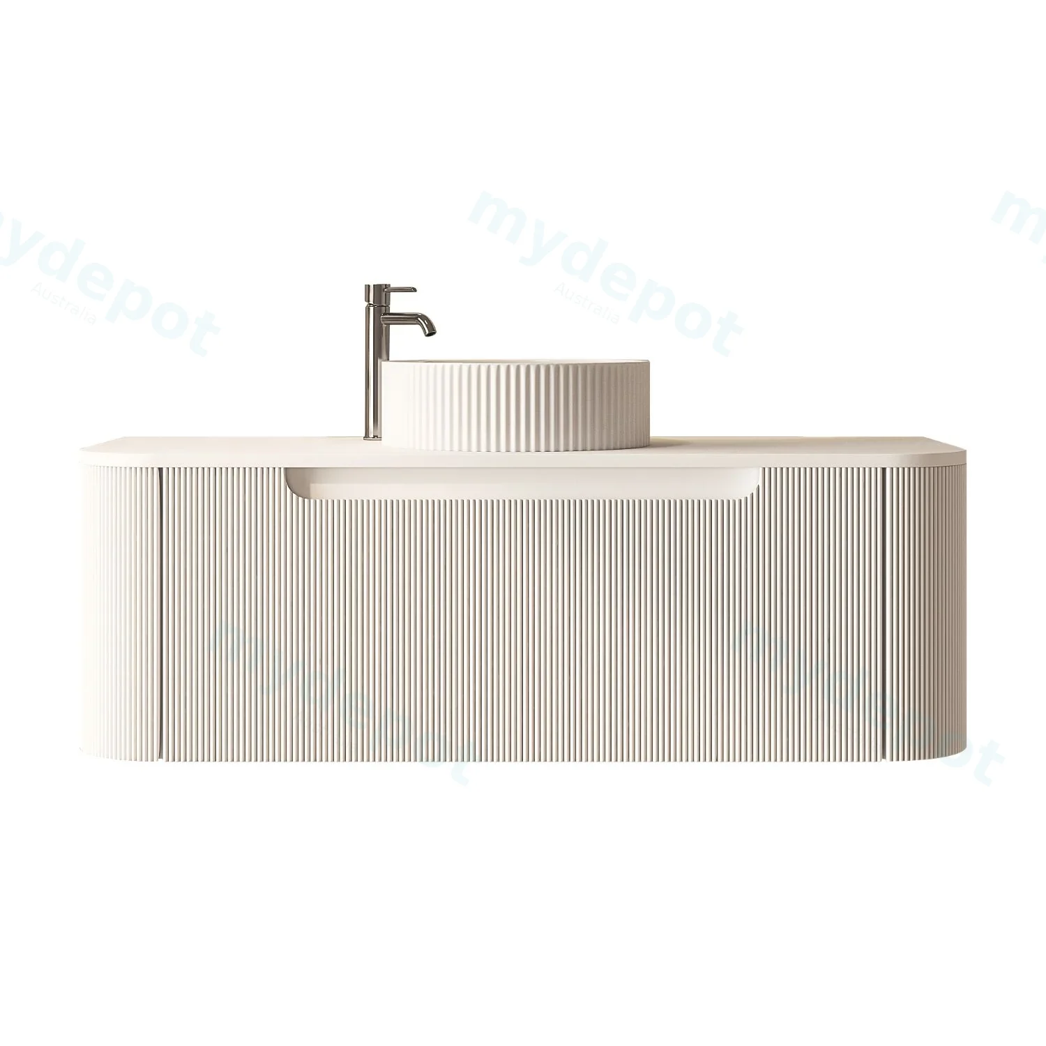 [50773] 1200x460x400mm Rome Matt White Round Edge Grooved Wall Hung MDF Vanity With White Quartz Stone Top One Soft Closing Drawer
