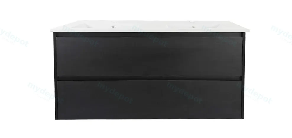 1200x460x560mm Hera Black Oak Wall Hung MDF Vanity With Luna White Stone Top Two Soft Closing Drawers