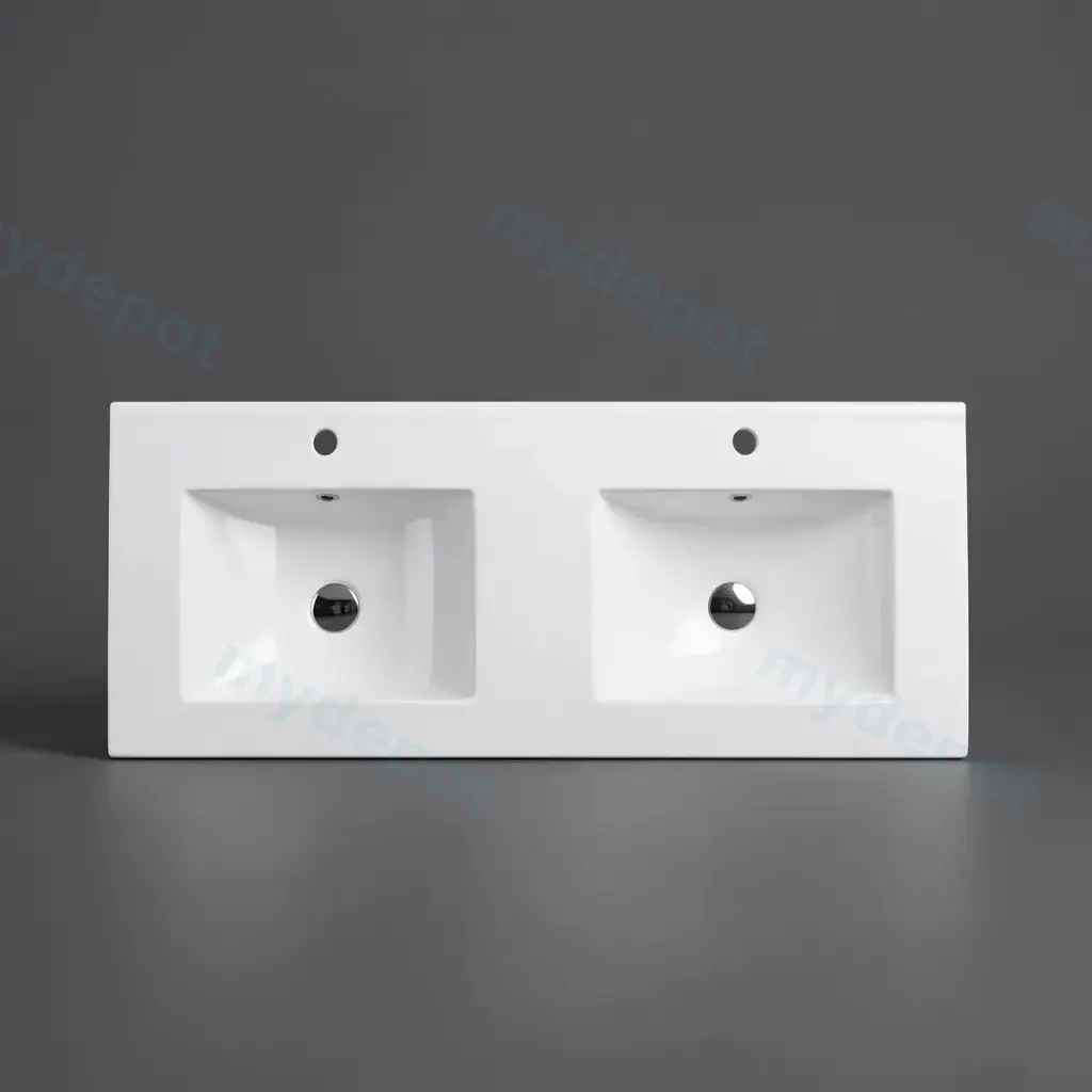 [50128] 1205*470*180mm Gloss White Double Bowl Ceramic Top With Mixer Hole