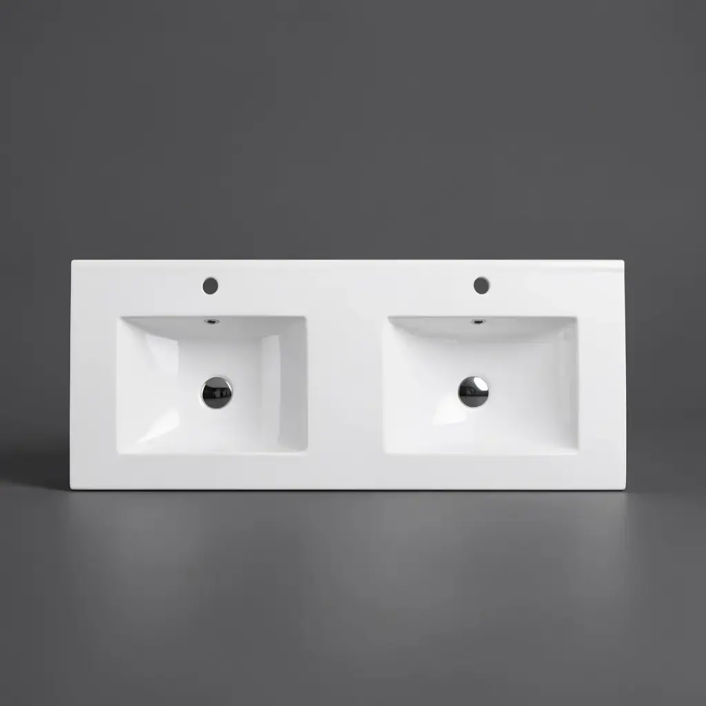 [50128] 1205*470*180mm Gloss White Double Bowl Ceramic Top With Mixer Hole