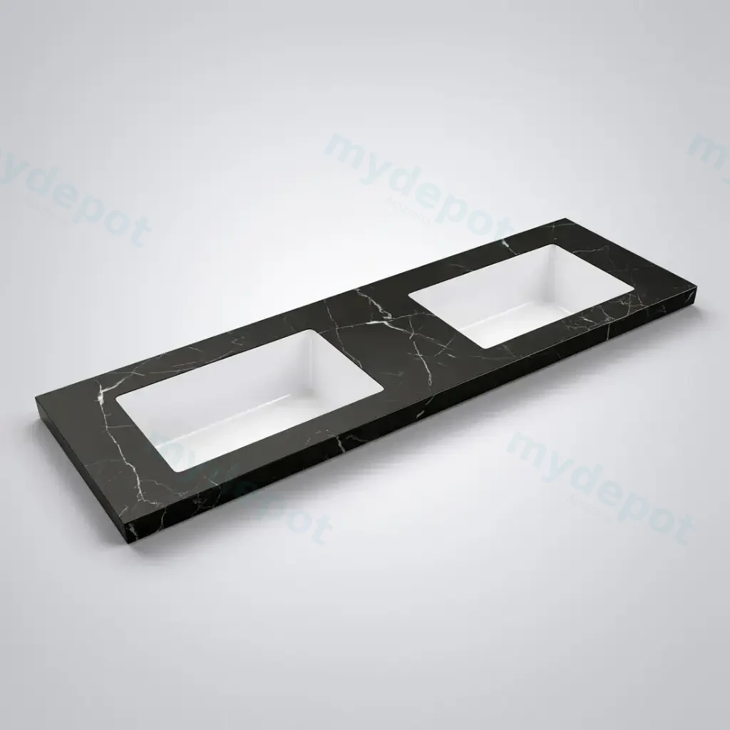[56450] 1205X465X50mm Calacatta Night Black Sintered Stone Semless Joined With Fine Ceramic Basin Stone Double Bowl,No Tap Hole
