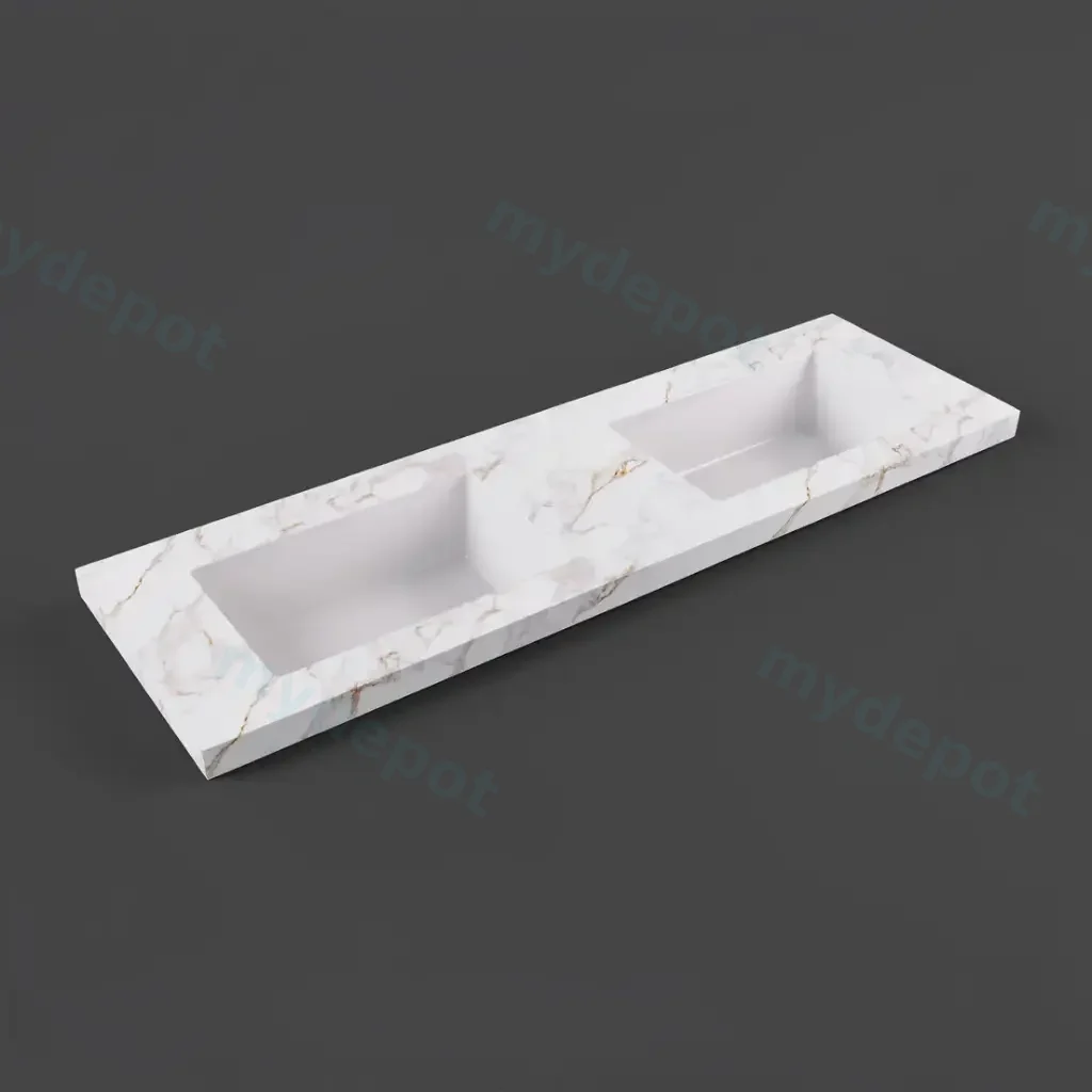 1205X465X50mm Carrara Gold Sintered Stone Semless Joined With Fine Ceramic Basin Stone Double Bowl No Tap Hole