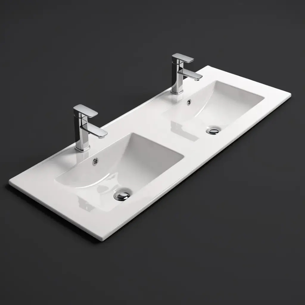 [56310] 1210*465*180 Gloss White Crete Fine Ceramic Counter Top Tap Hole, Double Bowl Overflow,32mm Waste