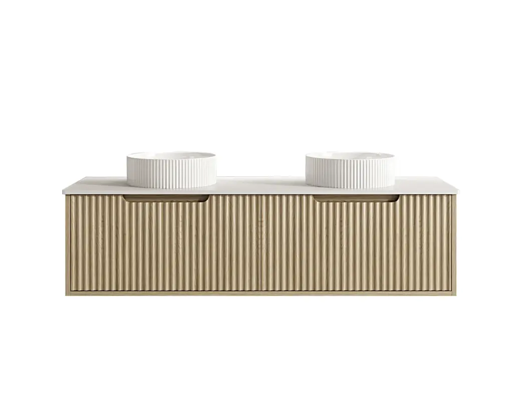 [50546] 1490x455x390 Natural Oak Premium Straight Edge Wall Hung vanity With White  Stone Top