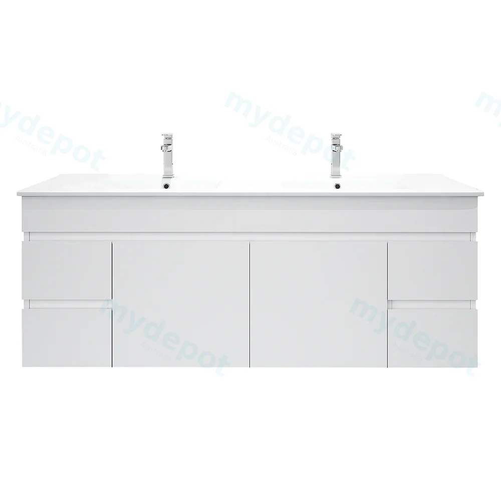 1500*450*560mm Wall Hung Gloss White PVC Vanity With Double Ceramic Top