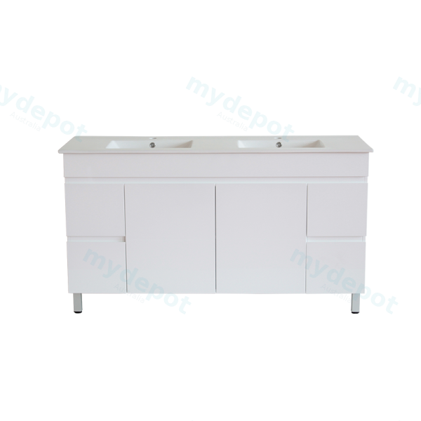 [50515] 1500*450*710mm Freestangding Gloss White PVC Vanity With Double Ceramic Top