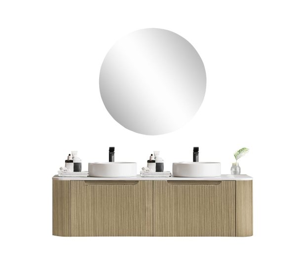 [50416] 1500*460*400mm Bur Oak Round Edge Grooved Wall Hung Vanity Cabinet Only Soft Closed Double Drawer