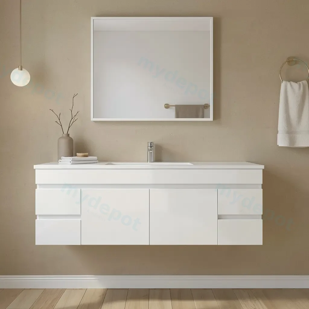 1500mm Gloss White MDF 4 Side Drawers 2 Middle Doors Wall Hung Bathroom Vanity Cabinet Only