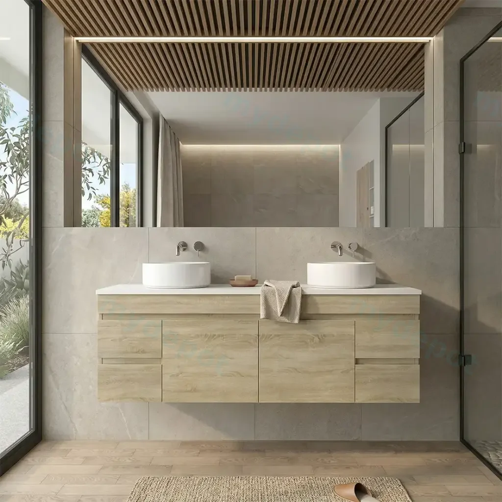 1500mm White Oak MDF Wall Hung Bathroom Vanity Cabinet Only PVC Vacuum Filmed