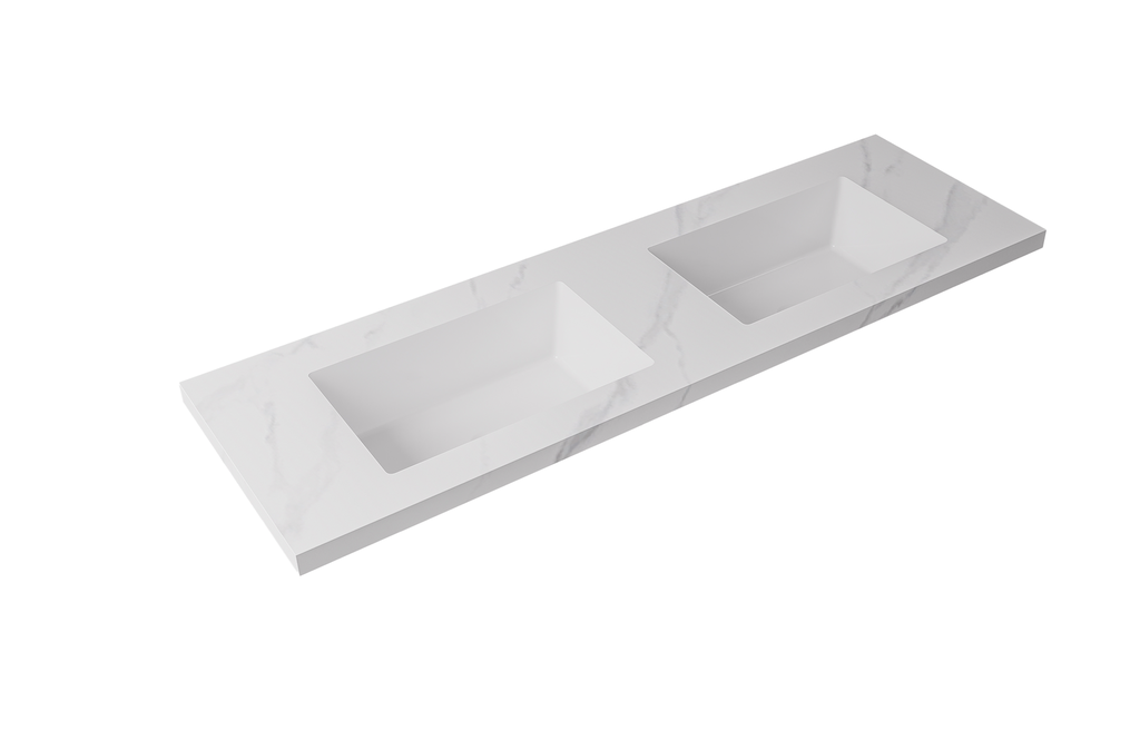 [56772] 1500x460x190mmCarrara White Sintered Stone Seamlessjoined With Fine Ceramic Basin Double Bowl No Tap Hole
