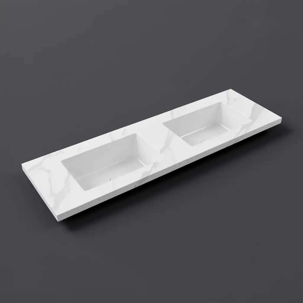 [56772] 1500x460x190mmCarrara White Sintered Stone Seamlessjoined With Fine Ceramic Basin Double Bowl No Tap Hole