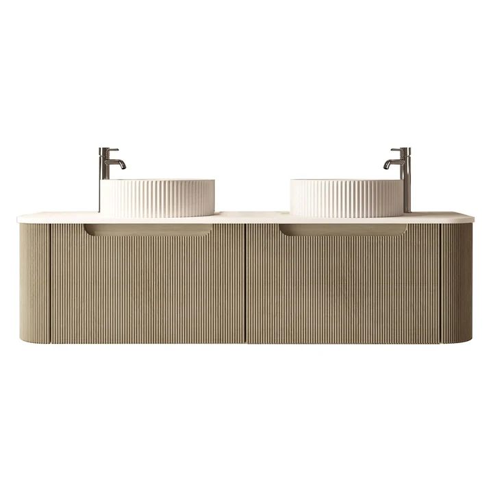 1500x460x400mm Rome Bur Oak Round Edge Grooved Wall Hung MDF Vanity With White Quartz Stone Top Two Soft Closing Drawer