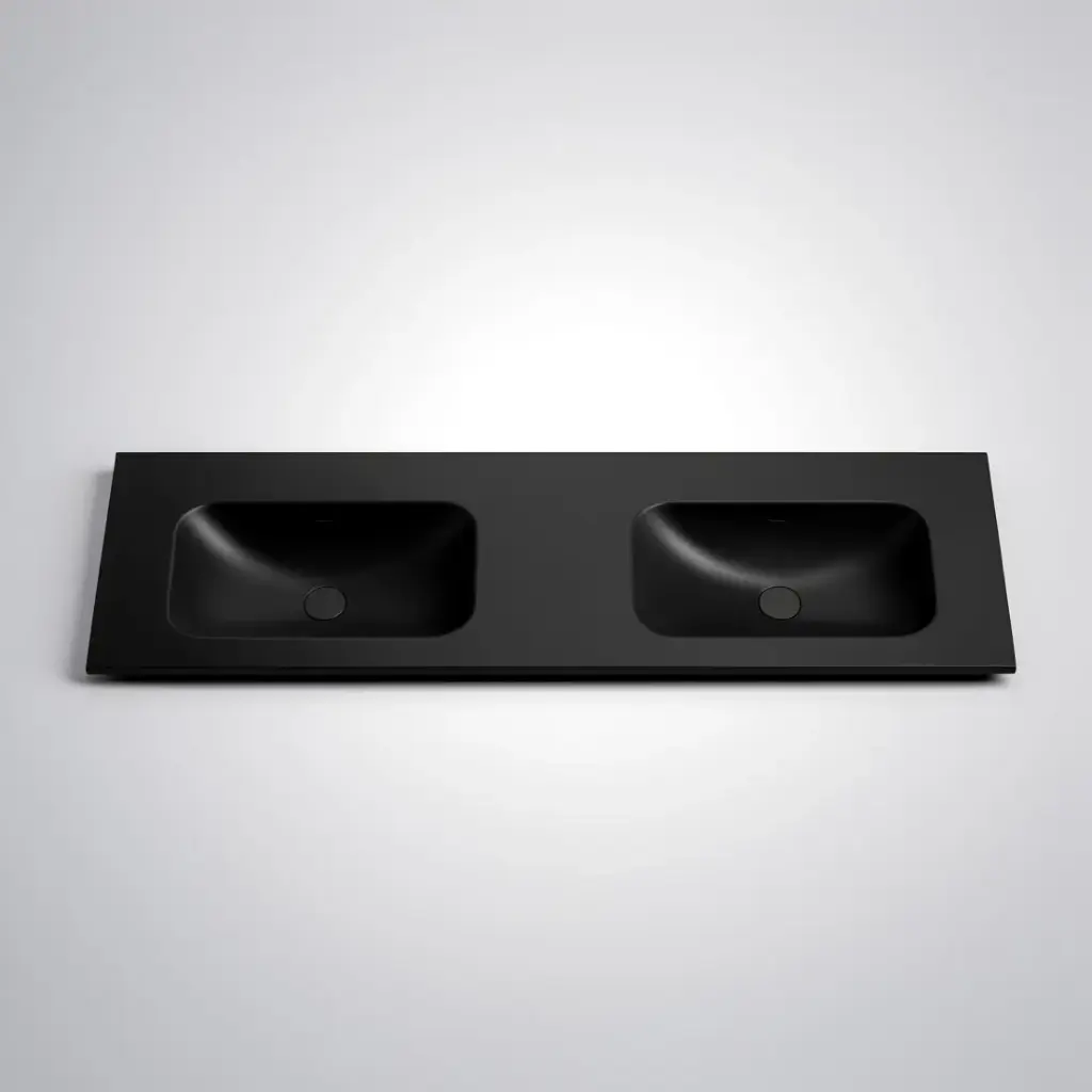 [56086] 1505X465X145 Matte Black Chasey Solid Surface Stone Basin Double Bowl
