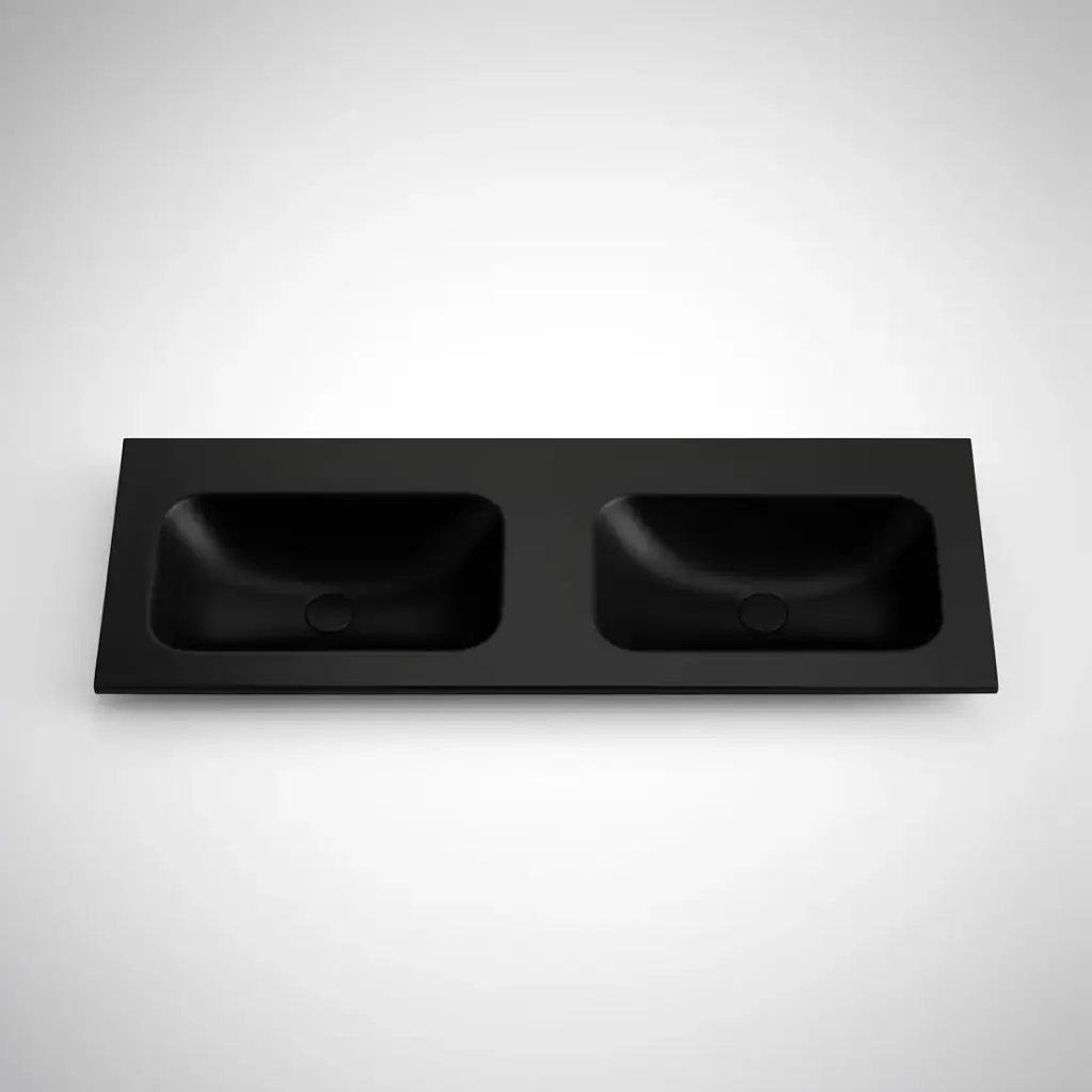 [56085] 1505X465X145 Matte Black Chasey Solid Surface Stone Basin Double Bowl