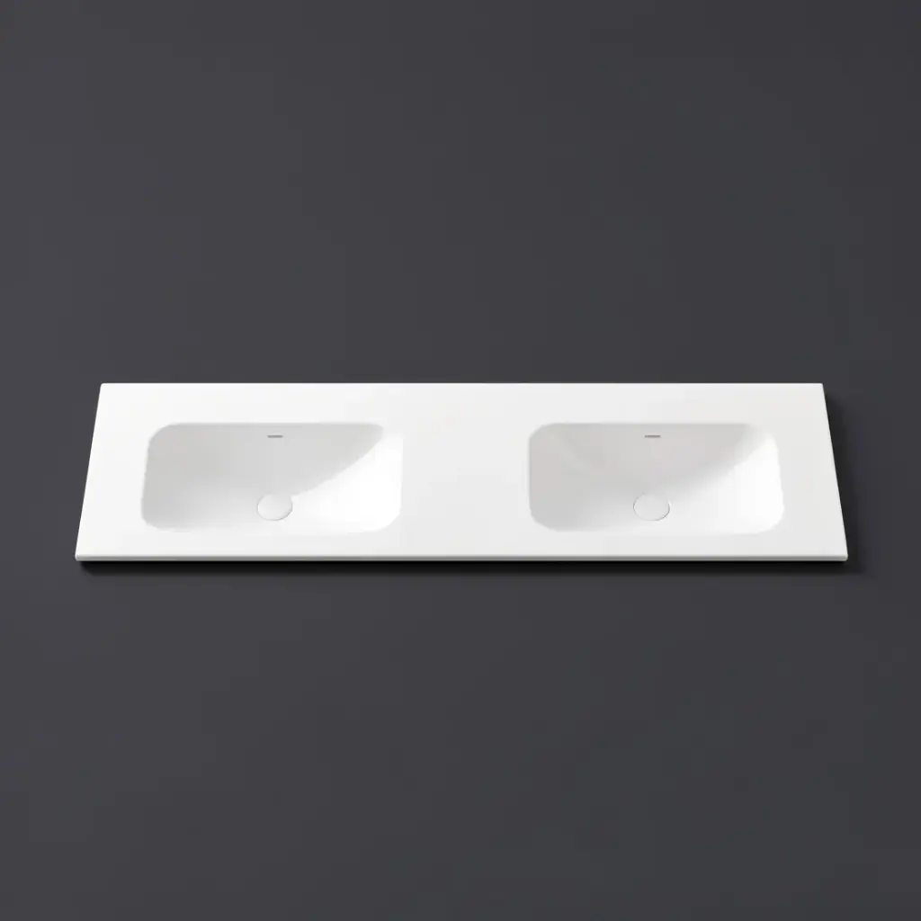 [56078] 1505X465X145 Matte White Chasey Solid Surface Stone Basin Double Bowl