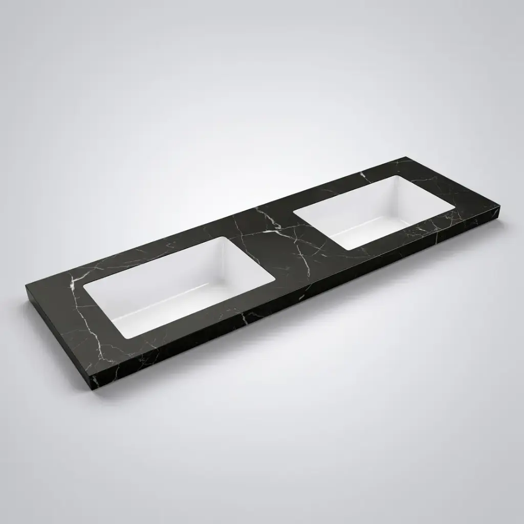 [56444] 1505X465X50mm Calacatta Night Black Sintered Stone Semless Joined With Fine Ceramic Basin Stone Double Bowl