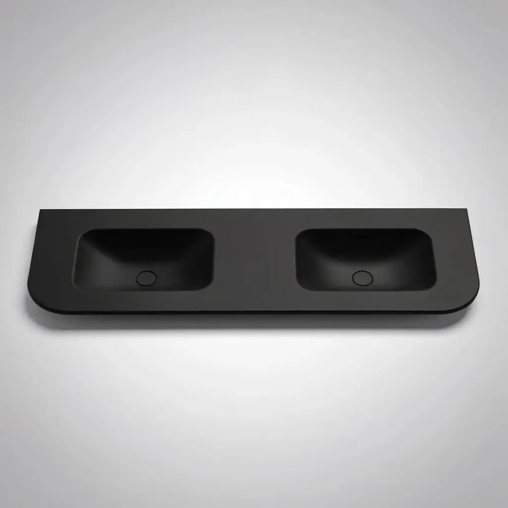 [56096] 1505X505X140 Matte Black Aruro Solid Surface Stone Basin Double Bowl