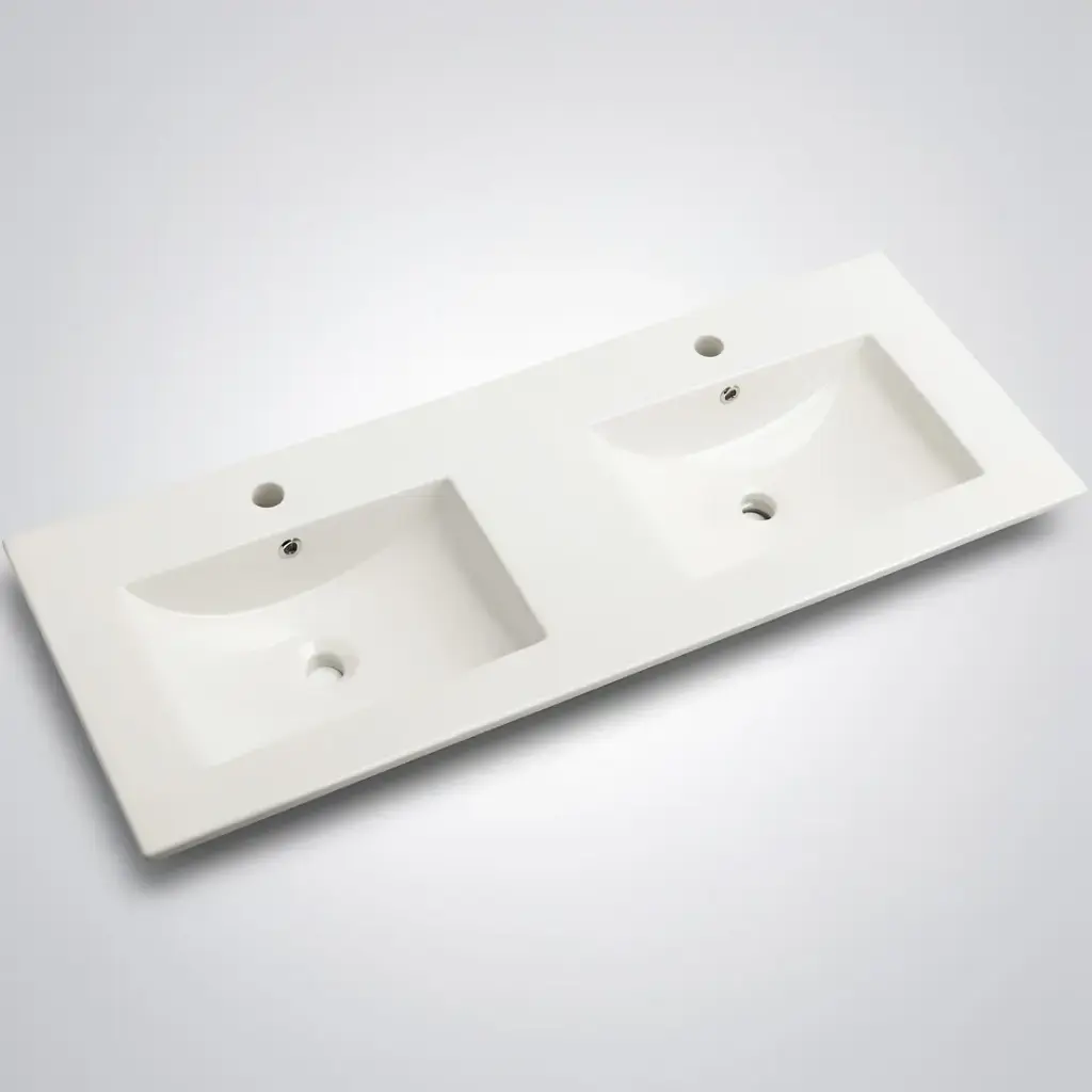 [56311] 1510*465*180 Gloss White Crete Fine Ceramic Counter Top Tap Hole, Double Bowl Overflow,32mm Waste