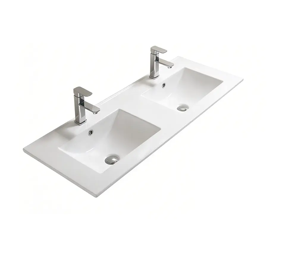 [56311] 1510*465*180 Gloss White Crete Fine Ceramic Counter Top Tap Hole, Double Bowl Overflow,32mm Waste