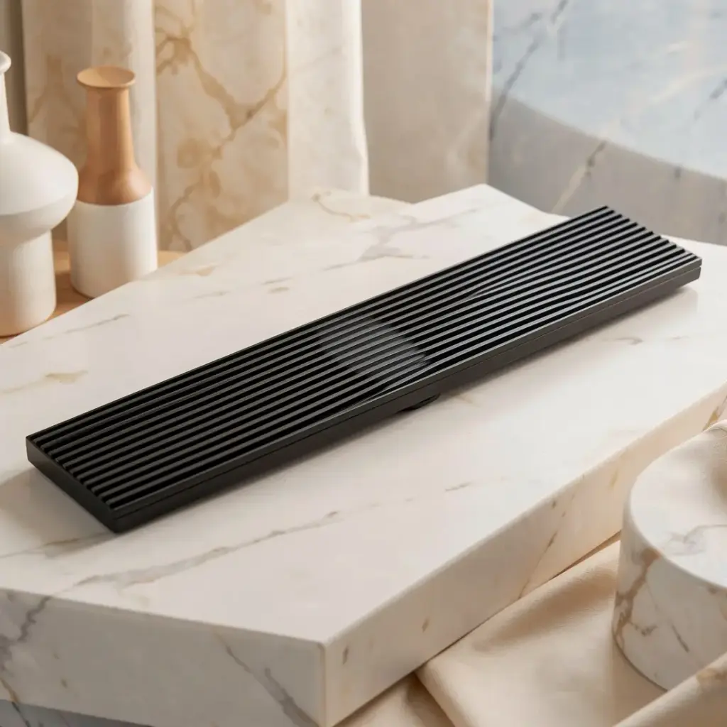 [55726] 1800*100*21mm Electroplated Black Floor Grill Drain Outlet 80mm