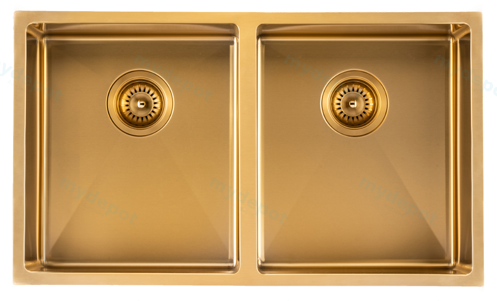 304 Stainless Steel Brushed Gold PVD Coating Double Bowl Kitchen Sink(Round Edges,with Bottom Tray)770*450*215mm