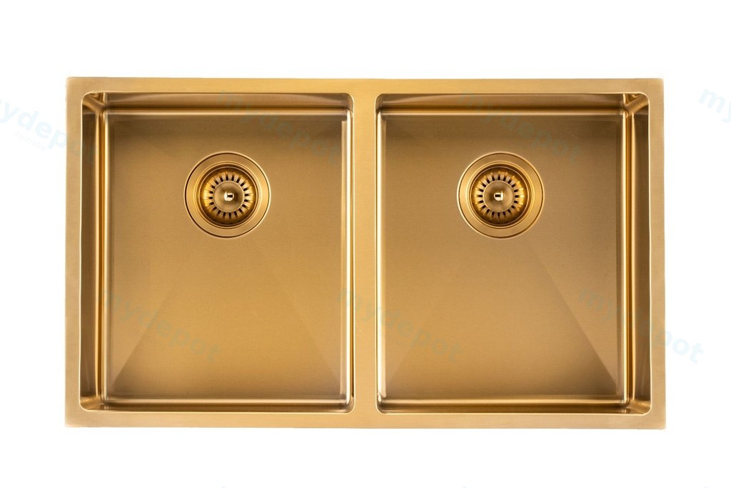 304 Stainless Steel Brushed Gold PVD Coating Double Bowl Kitchen Sink(Round Edges,with Bottom Tray)820*457*230mm