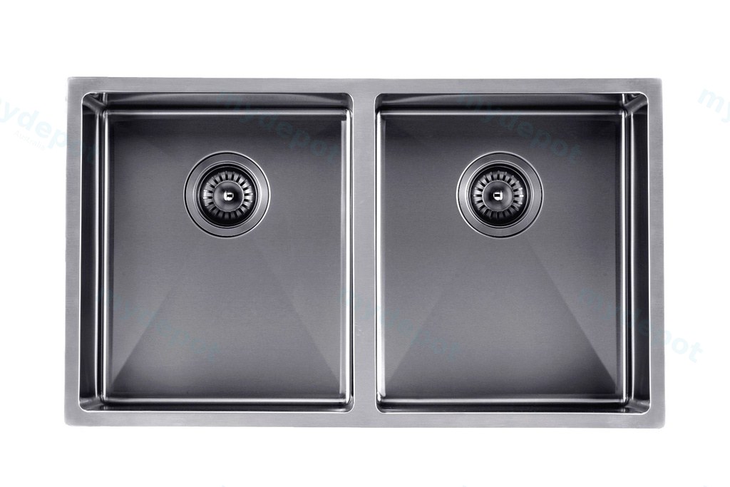 [41199] 304 Stainless Steel Gun Metal Grey PVD Coating Double Bowl Kitchen Sink(Round Edges,with Bottom Tray)820*457*230mm
