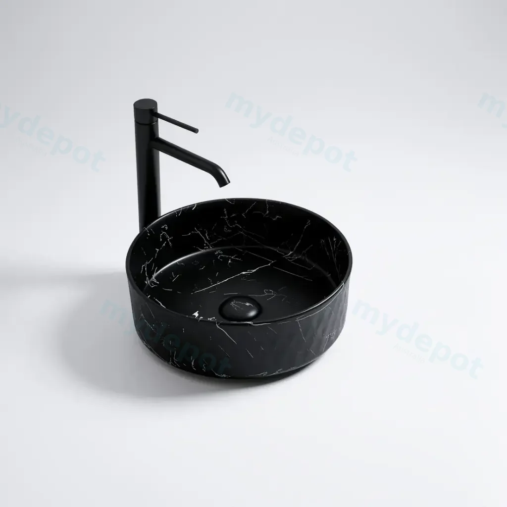 [55485] 345*345*115mm Matte Carrara Black Ollia Fine Ceramic Above Counter Basin No Overflow,32mm Waste