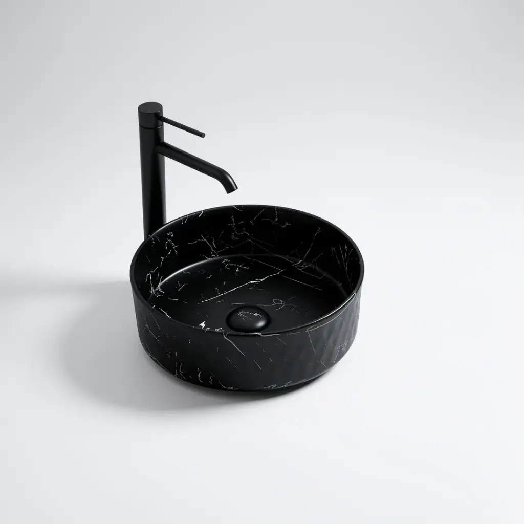 [55485] 345*345*115mm Matte Carrara Black Ollia Fine Ceramic Above Counter Basin No Overflow,32mm Waste