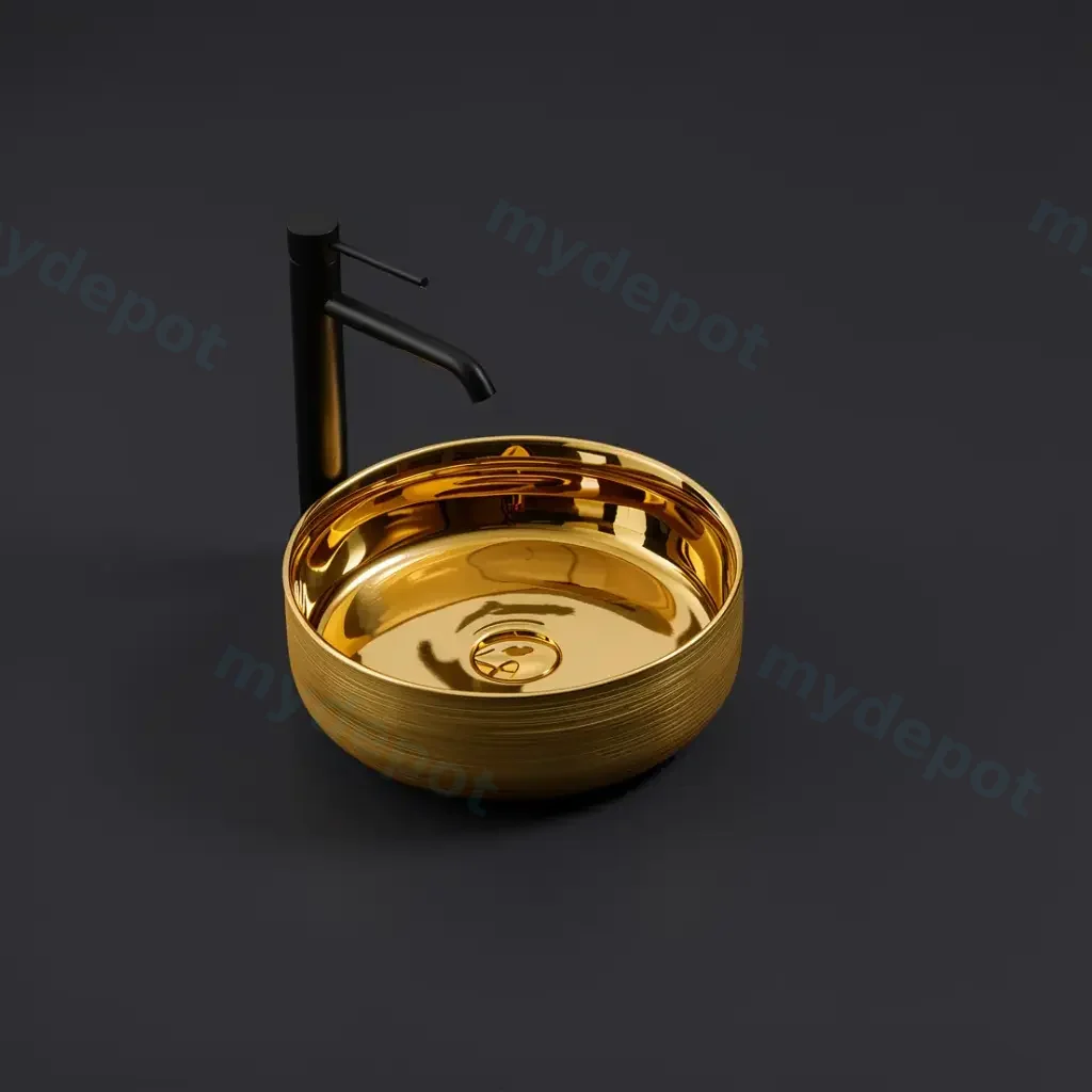 [55483] 345*345*115mm Silky Gold Outside, Yellow Gold Ollia Fine Ceramic Above Counter Basin No Overflow,32mm Waste