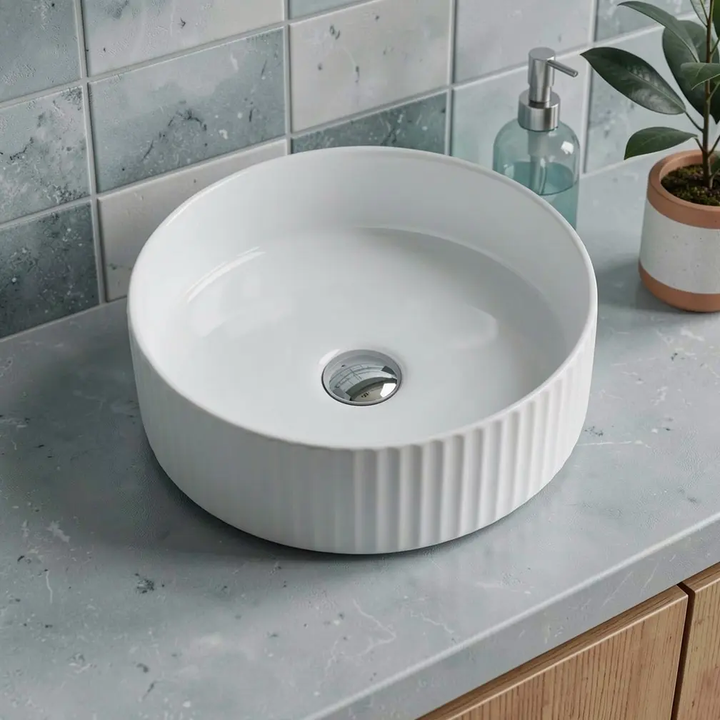 [50014] 360*360*120mm Cora Above Counter Fluted Gloss White Circle Basin (New Arrival)