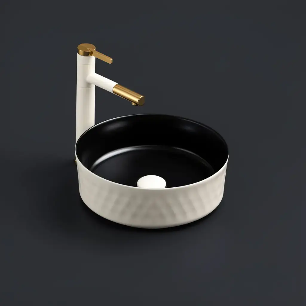 [55481] 360*360*120mm Matte White Outside,Matt Black Inside Ollia Diamond Fine Ceramic Above Counter Basin No Overflow,32mm Waste