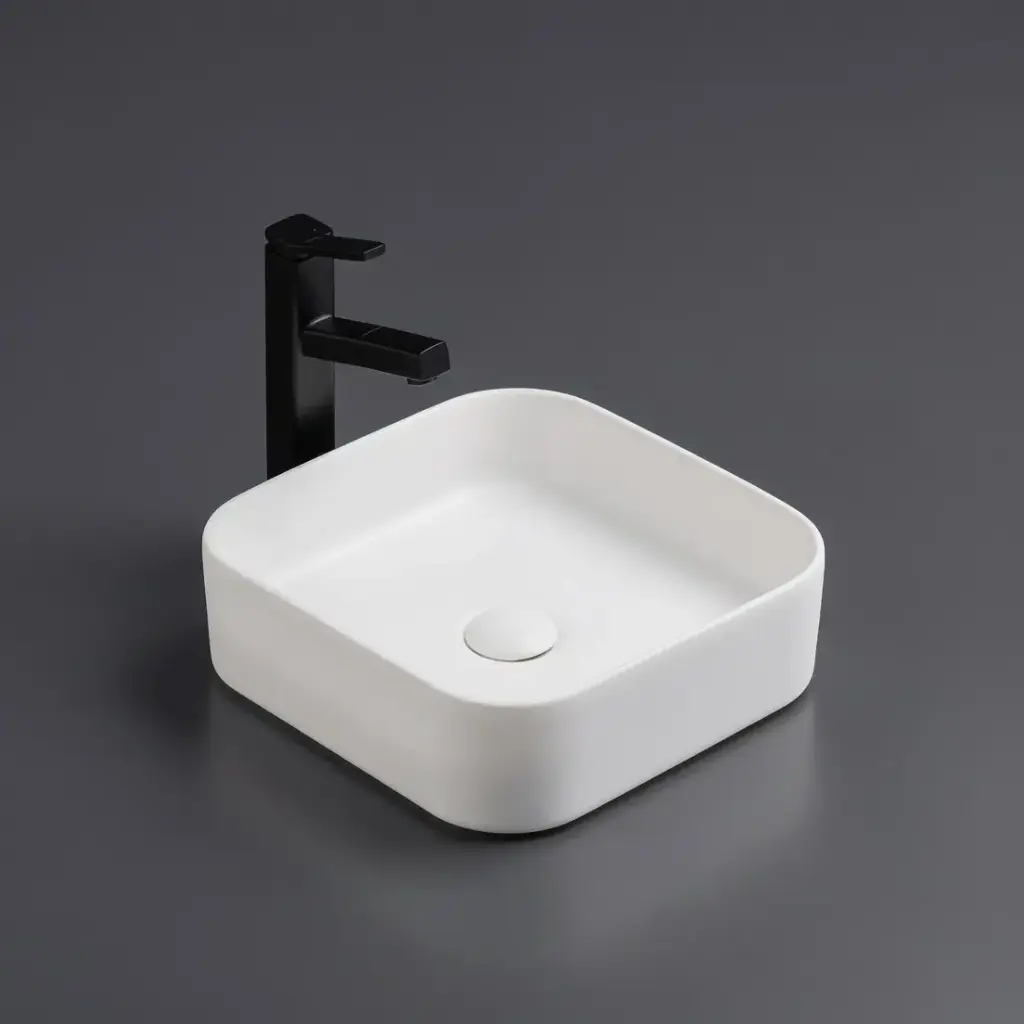[55451] 370*370*113mm Matte White Kliff Fine Ceramic Above Counter Basin No Overflow,32mm Waste