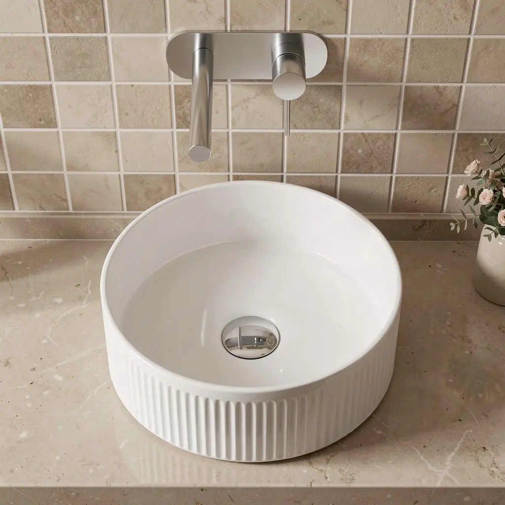 370x370x130mm Round Fluted Gloss White Ceramic Art Basin Above Counter Basin Non-overflow