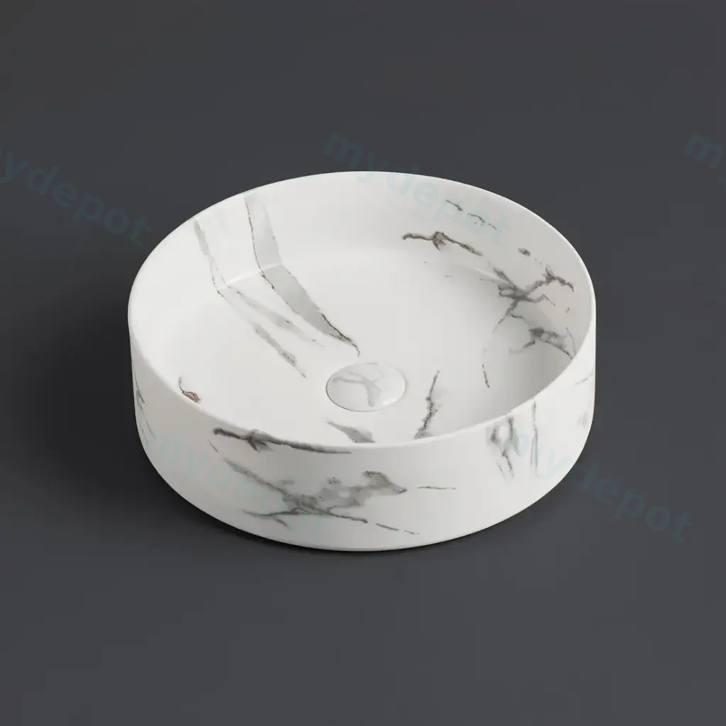 395*395*115mm Matte Carrara White And Bronze Olley Fine Ceramic Above Counter Basin No Overflow,32mm Waste
