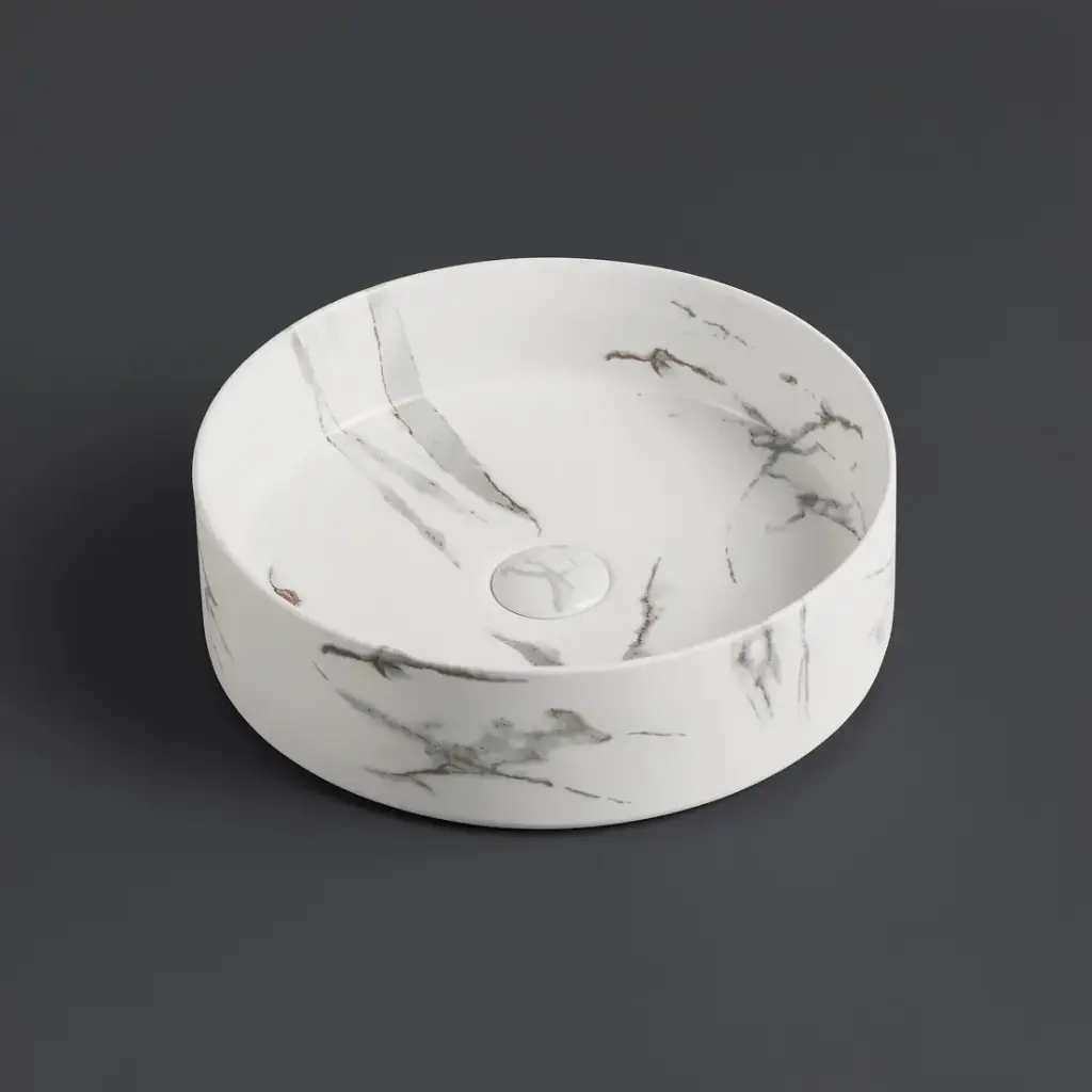395*395*115mm Matte Carrara White And Bronze Olley Fine Ceramic Above Counter Basin No Overflow,32mm Waste