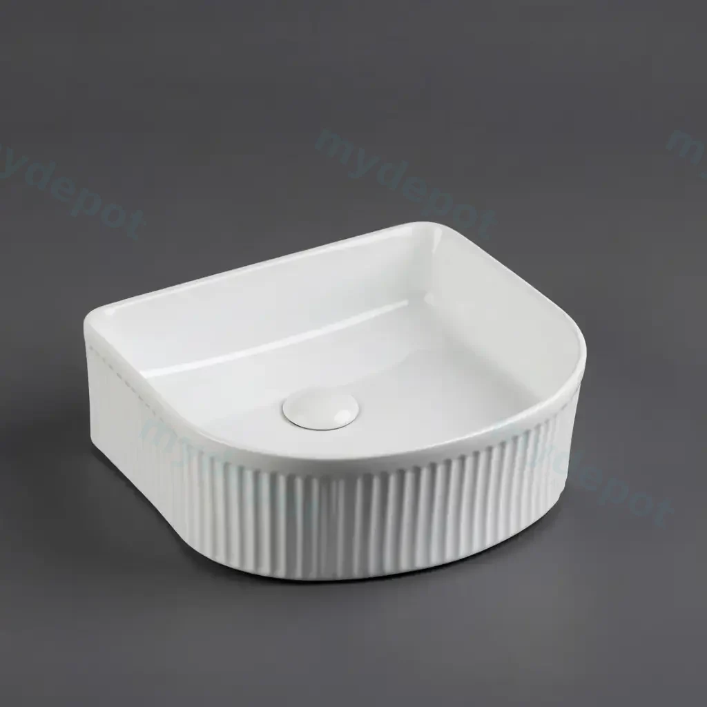 400*350*130mm Gloss White Arco Flueted Fine Ceramic Above Counter Basin No Overflow 32mm Waste