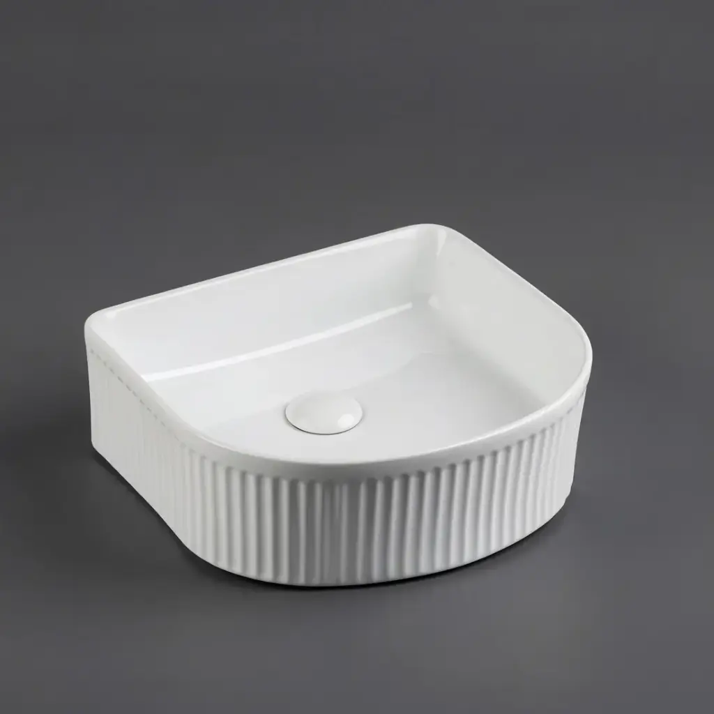 400*350*130mm Gloss White Arco Flueted Fine Ceramic Above Counter Basin No Overflow 32mm Waste