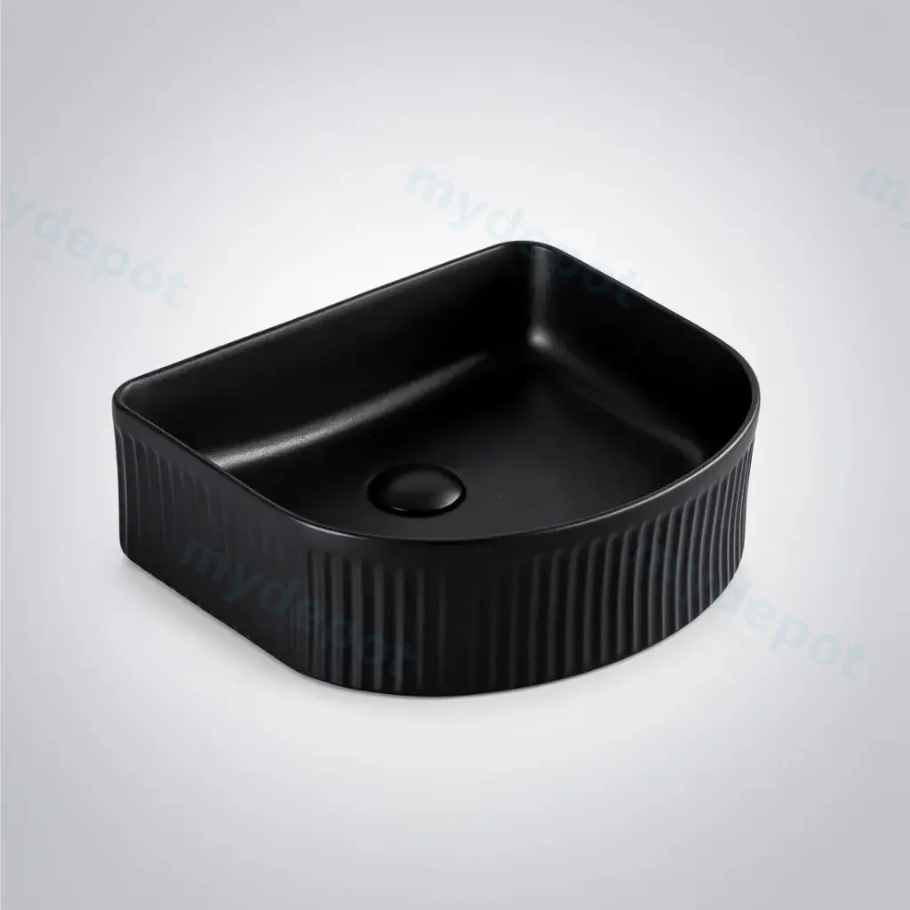 400*350*130mm Matt Black Arco Flueted Fine Ceramic Above Counter Basin No Overflow 32mm Waste
