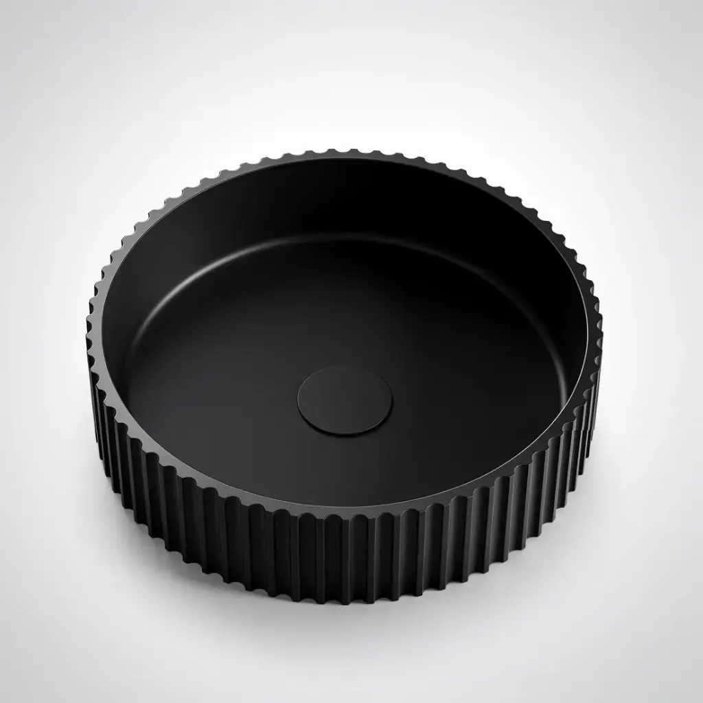 [55405] 400*400*120mm Matt Black Olley Fluted Solid Surface Above Counter Basin 32mm Waste