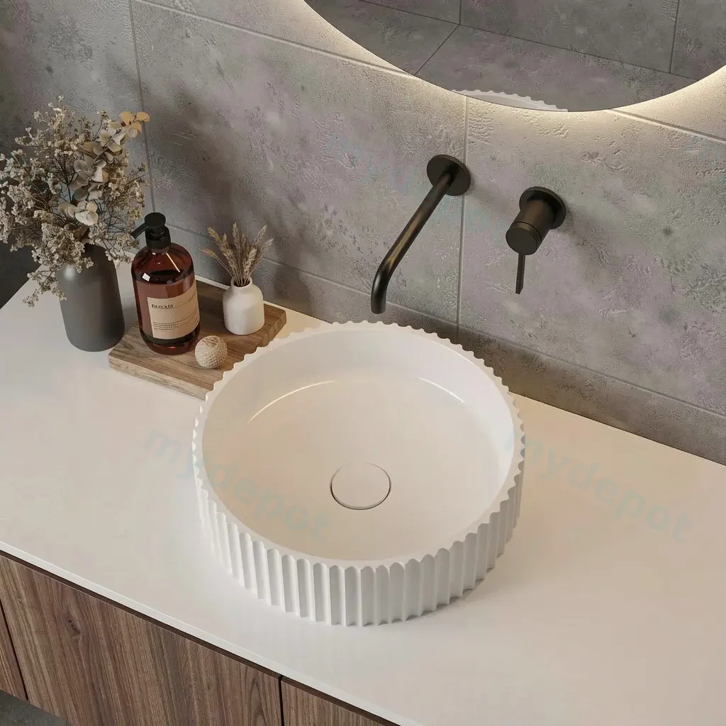[55403] 400*400*120mm Matt White Olley Fluted Solid Surface Above Counter Basin 32mm Waste